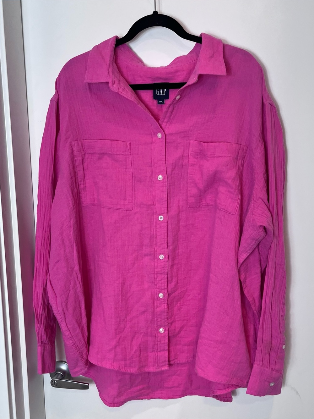 GAP Button Front Gauzy Crinkle Long Sleeve Shirt Bright Pink XXL Cotton